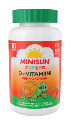 Minisun D-vitamiini Pehmokonna Mansikka 10 mikrog 120 purutabl